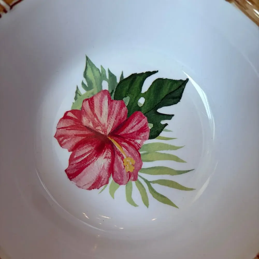 4pc Tropical Hibiscus Melamine Salad Bowls 7.5in Bamboo Rim Indoor Outdoor NEW